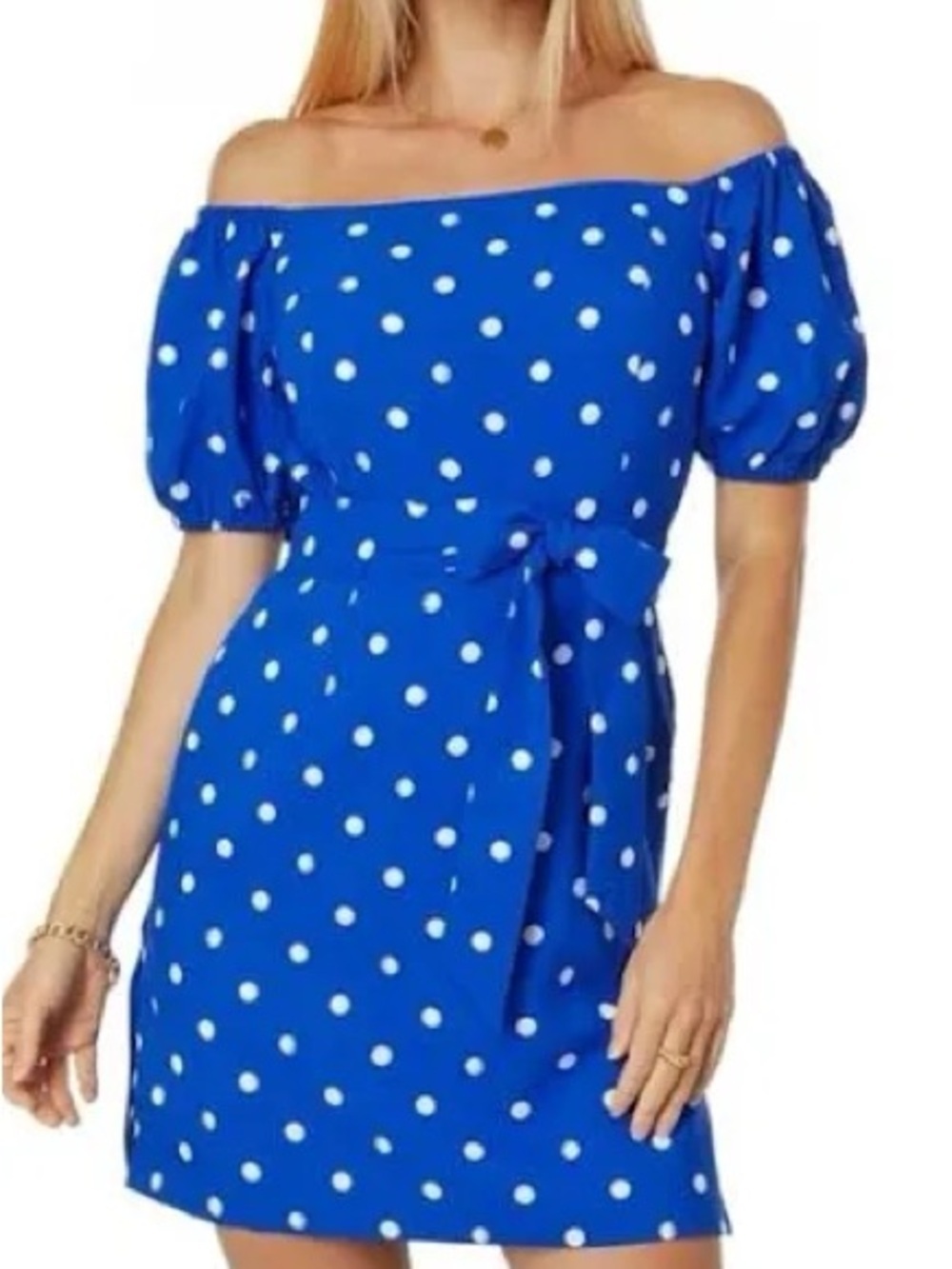 LILLY PULTIZER womens Jada blue & white polka dot off the shoulder romper size12